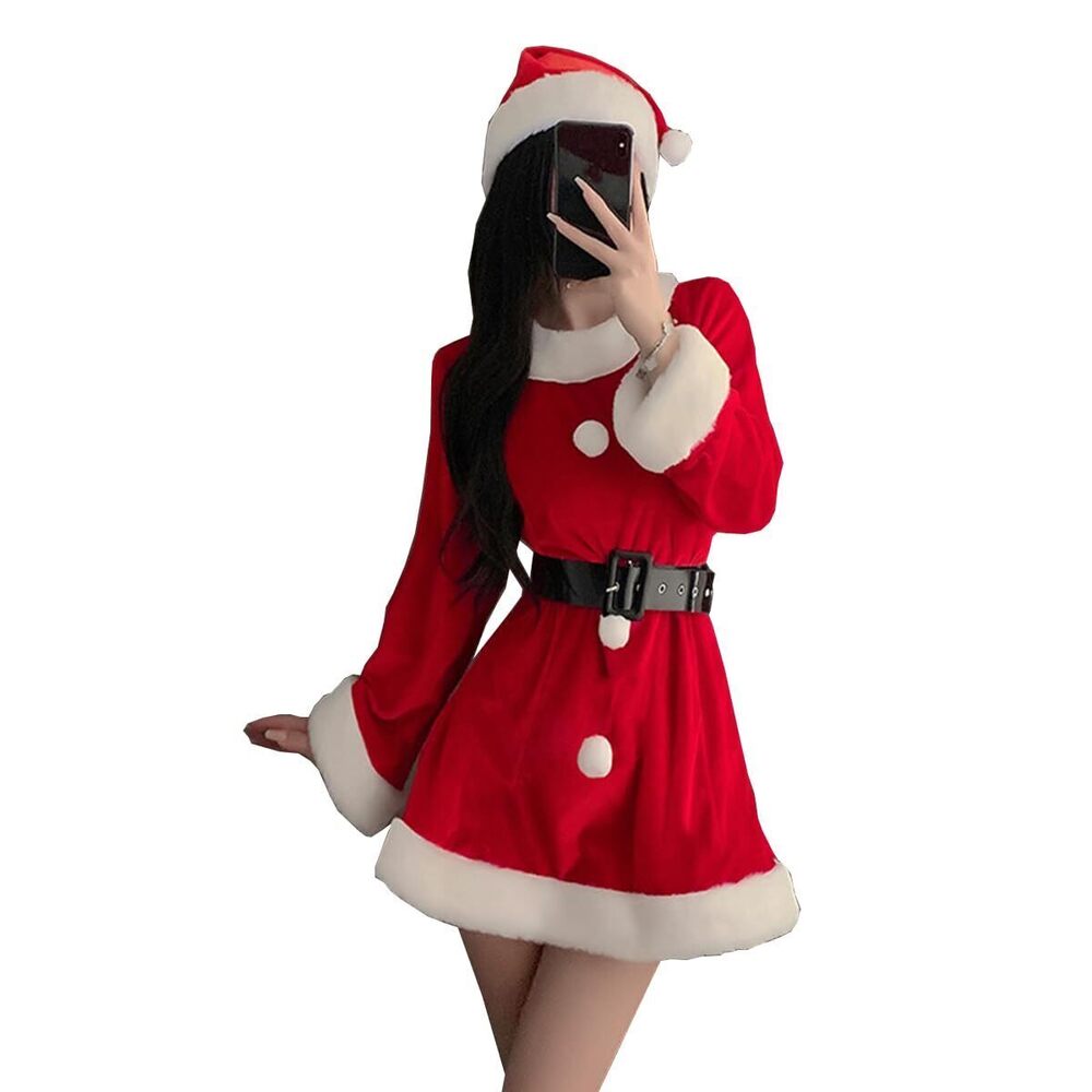 3754 Santa Claus Costume Dress with Hood Plush Trim Belt - Velvet Christmas